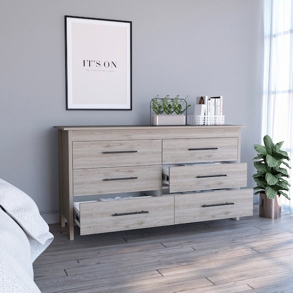 Tuhome Hms 6 Drawer Double Dresser, Four Legs, Superior Top, Six Drawers, Light Gray CZB7666 - main